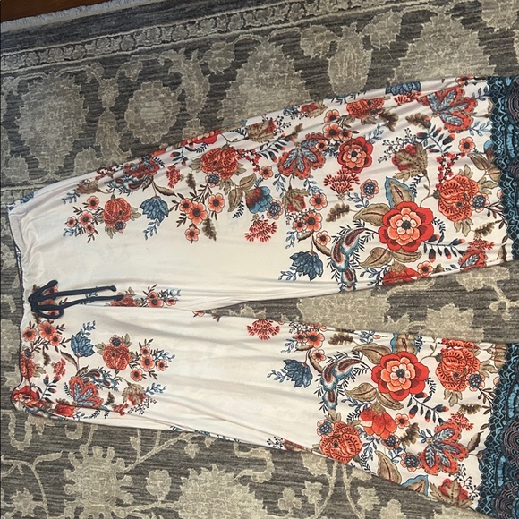 Floral Wide-Leg Pants with Lace Trim - Picture 1 of 2